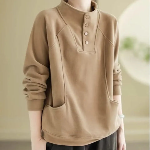 Warm Thermal Sweatshirt Women's Loose Cover-up Design Button Half High Collar Velvet Polyester Full Sleeve Casual Top Zen Fit Plus Warm Thermal Sweatshirt Women's Loose Cover-up Design Button Half High Collar Velvet Polyester Full Sleeve Casual Top Zen Fit Plus