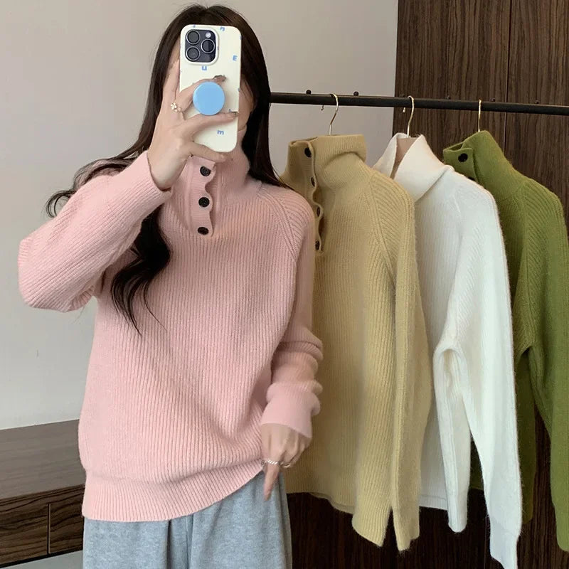 Women's Thickened Knitted Sweater Sweatshirts High Collar Loose Base Shirt French Design Lazy Style Autumn Winter Soft Cozy Top Zen Fit Plus Women's Thickened Knitted Sweater Sweatshirts High Collar Loose Base Shirt French Design Lazy Style Autumn Winter Soft Cozy Top Zen Fit Plus