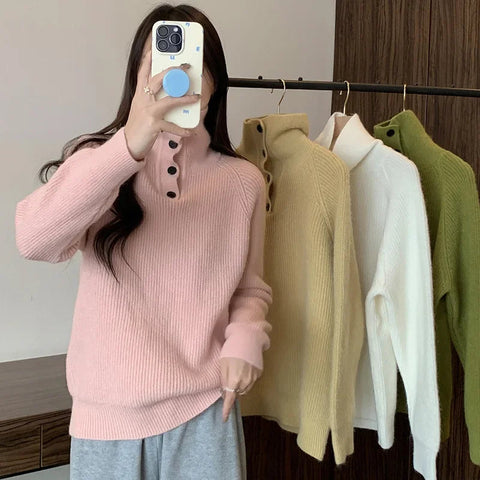 Women's Thickened Knitted Sweater Sweatshirts High Collar Loose Base Shirt French Design Lazy Style Autumn Winter Soft Cozy Top Zen Fit Plus Women's Thickened Knitted Sweater Sweatshirts High Collar Loose Base Shirt French Design Lazy Style Autumn Winter Soft Cozy Top Zen Fit Plus