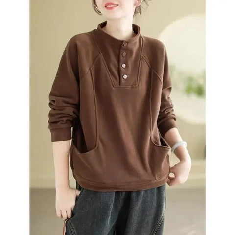 Warm Thermal Sweatshirt Women's Loose Cover-up Design Button Half High Collar Velvet Polyester Full Sleeve Casual Top Zen Fit Plus Warm Thermal Sweatshirt Women's Loose Cover-up Design Button Half High Collar Velvet Polyester Full Sleeve Casual Top Zen Fit Plus