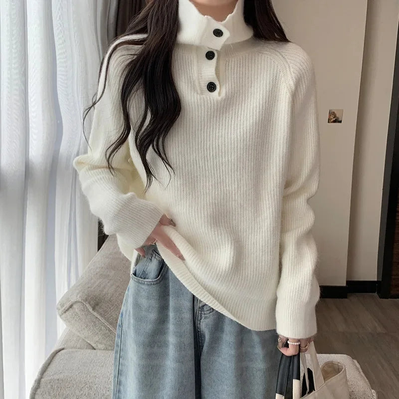 Women's Thickened Knitted Sweater Sweatshirts High Collar Loose Base Shirt French Design Lazy Style Autumn Winter Soft Cozy Top Zen Fit Plus Women's Thickened Knitted Sweater Sweatshirts High Collar Loose Base Shirt French Design Lazy Style Autumn Winter Soft Cozy Top Zen Fit Plus