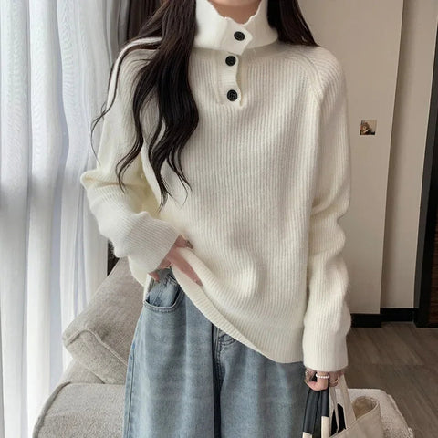 Women's Thickened Knitted Sweater Sweatshirts High Collar Loose Base Shirt French Design Lazy Style Autumn Winter Soft Cozy Top Zen Fit Plus Women's Thickened Knitted Sweater Sweatshirts High Collar Loose Base Shirt French Design Lazy Style Autumn Winter Soft Cozy Top Zen Fit Plus
