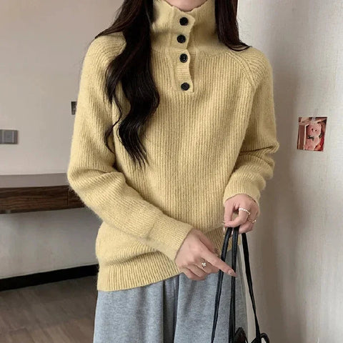Women's Thickened Knitted Sweater Sweatshirts High Collar Loose Base Shirt French Design Lazy Style Autumn Winter Soft Cozy Top Zen Fit Plus Women's Thickened Knitted Sweater Sweatshirts High Collar Loose Base Shirt French Design Lazy Style Autumn Winter Soft Cozy Top Zen Fit Plus