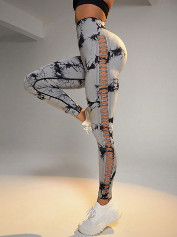 Cut Out Side Hollow Tie Dyed Yoga Pants, High Waist and Hip Lifting Fitness Pants with Side Hollow Seamless Sports Tights, Workout Gym Yoga Pants Scrunch Butt Lift Tights