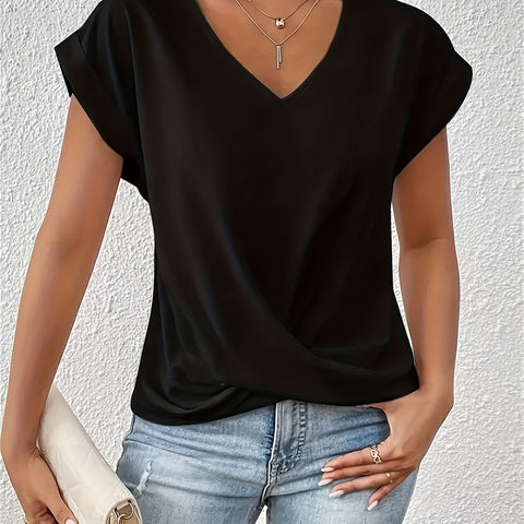 Elegant Beige V-Neck T-Shirt for Women - Lightweight & Breathable with Chic Knot Detail, Short Sleeves - Ideal for Spring/Summer Casual Wear - Polyester Blend, Machine Washable, Everyday Elegant Shirt|Vneck Blouse|Polyester Blend Fabric