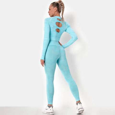 Tie Dyeing Seamless Yoga Set Gym Fitness Two Piece Set Women Clothing Sexy Back Crop Top High Waist Workout Leggings Sportswear
