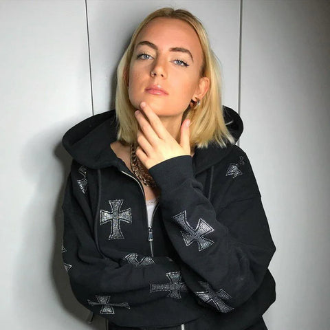 Zip-up Rhinestone Hoodie - Zen fit plus