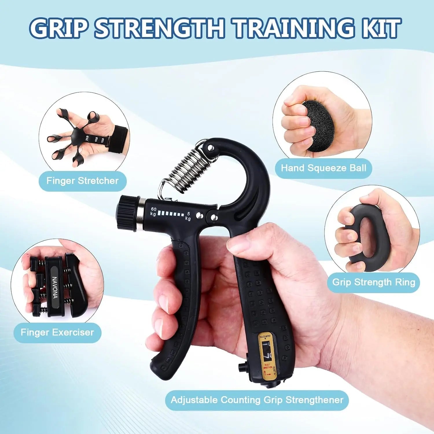 Grip Trainer Kit: Adjustable Hand Gripper,Finger/Hand Exercisers,Stress Ball & Forearm Ring for Muscle Build & Injury Rcvry Zen Fit Plus