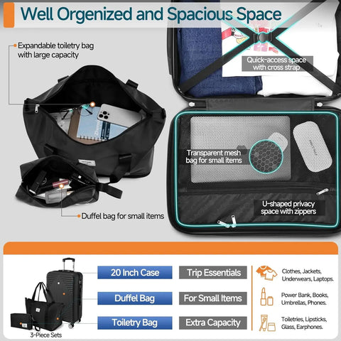 3pcs Luggage Set Hard Shell Suitcases Travel Packing Box With Wheel TSA Aproved Lock And Carry On Bag Wash Bag Travel Suit Case - Zen Fit Plus