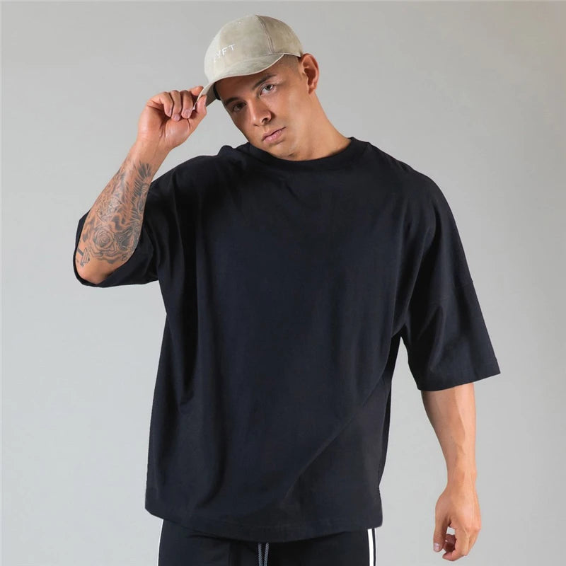 JAPAN&UK Cotton Gym Shirt Sport T Shirt Men Short Sleeve Running Shirt Men Workout Training Tees Fitness Loose large size M-XXXL Zen fit plus