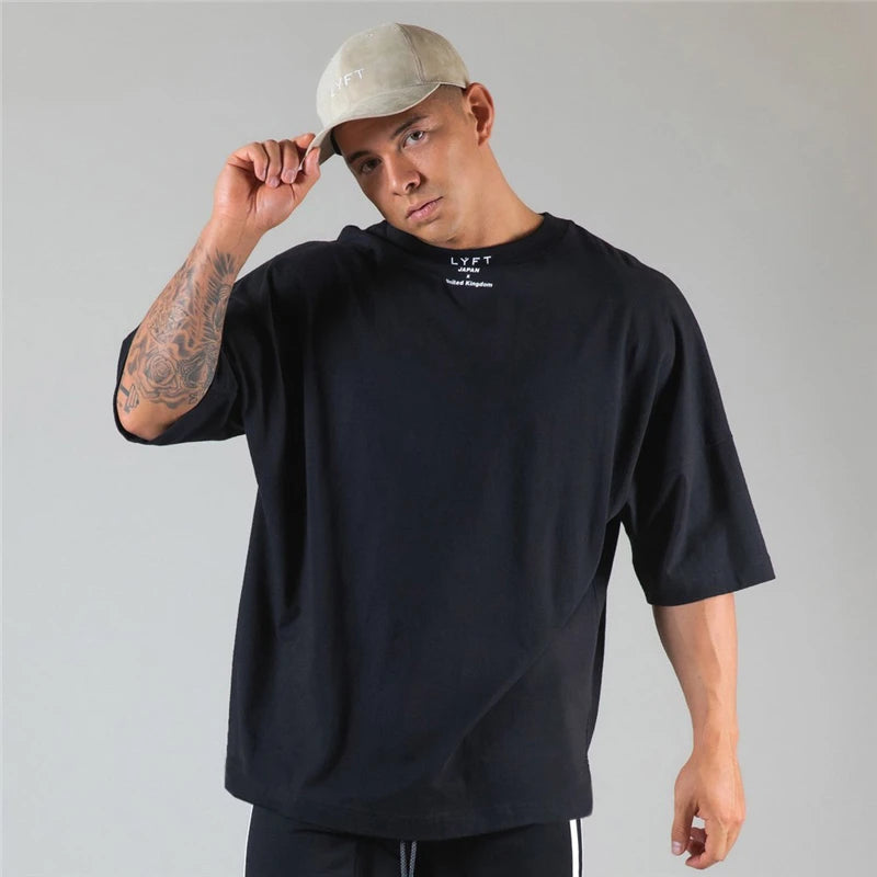 JAPAN&UK Cotton Gym Shirt Sport T Shirt Men Short Sleeve Running Shirt Men Workout Training Tees Fitness Loose large size M-XXXL Zen fit plus