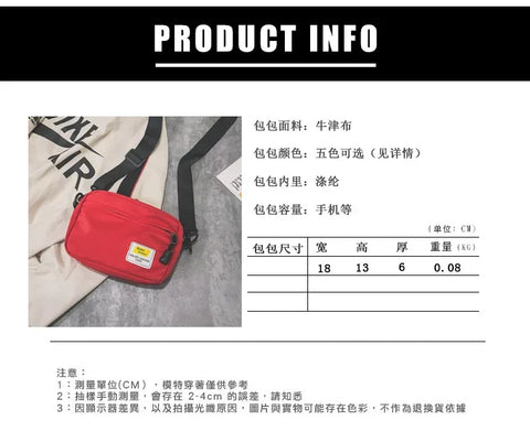 Unisex Crossbody Bag Oxford Cloth Diagonal Shoulder Bags Solid Color Satchels Fashion Leisure Trend Square Sling Handbags - Zen Fit Plus