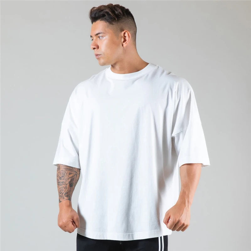 JAPAN&UK Cotton Gym Shirt Sport T Shirt Men Short Sleeve Running Shirt Men Workout Training Tees Fitness Loose large size M-XXXL Zen fit plus