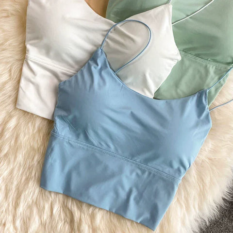 Women Crop Tops Sexy Solid Color Camisole Ice Silk Tube Top Seamless Sports Tank Top Wireless Underwear Padded Bra Bralette Vest - Zen Fit Plus