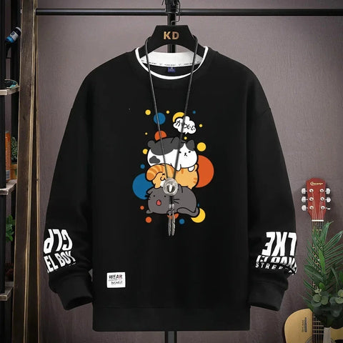 Spring Men's Sweatshirt Japan Cartoon Cats Printed Long Sleeve T-shirt Fashion Men's Clothing Khaki O Neck Harajuku Top 2024 New Zen Fit Plus