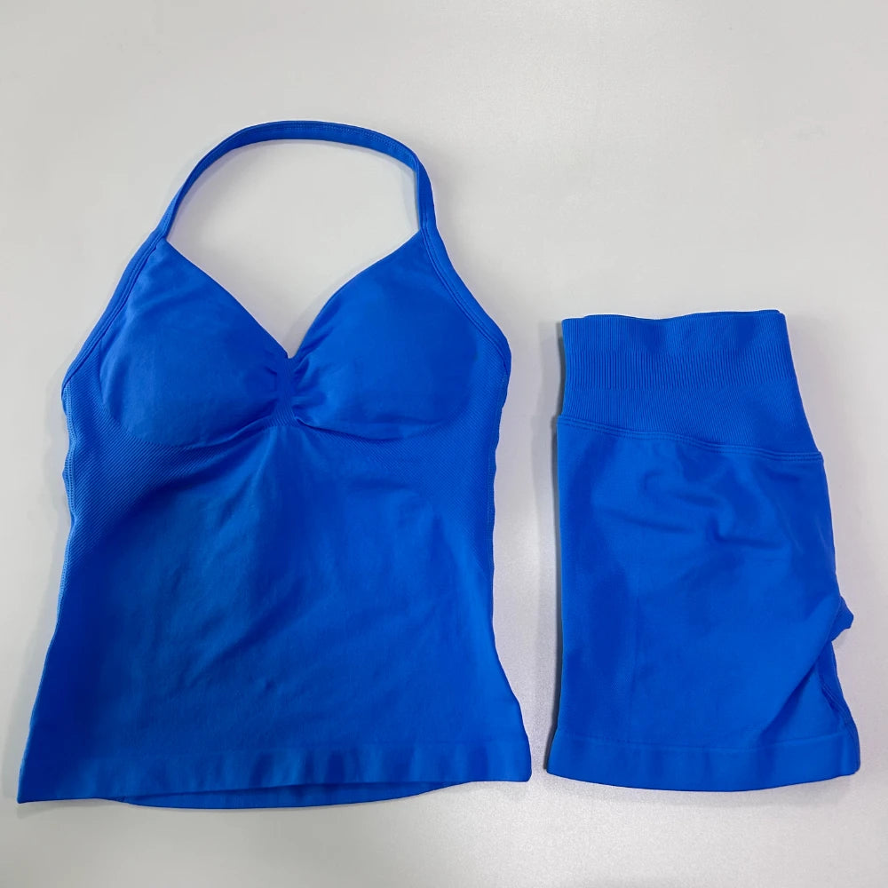 2Pcs Impact Gym Set Women Backless Tank Tops High Waist Scrunch Seamless Shorts Gym Suit Fitness Clothes Activewear Workout Sets Zen fit plus