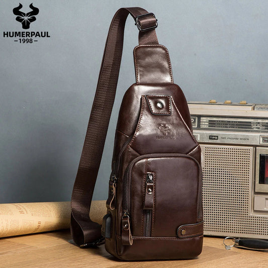 HUMERPAUL Men's Usb Chest Bag 100% Genuine Leather Crossbody Shoulder Bags Multifunction Travel Outdoor Messenger Pack Fashion Zen fit plus