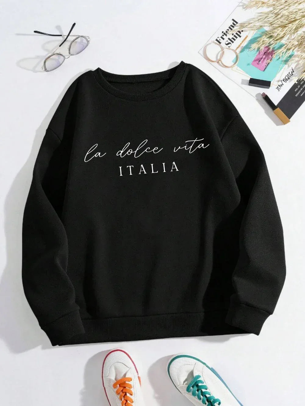 La Dolce Vita Italia Printed Womens Sweatshirt Crewneck Y2K Loose Clothing Multicolor Casual Pullover Fleece All-Match Top - Zen Fit Plus