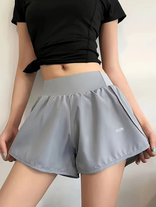 Fashion sports shorts women's 2 summer letters fake two double-layer anti-light fitness waist three loose quick-dry training Zen fit plus