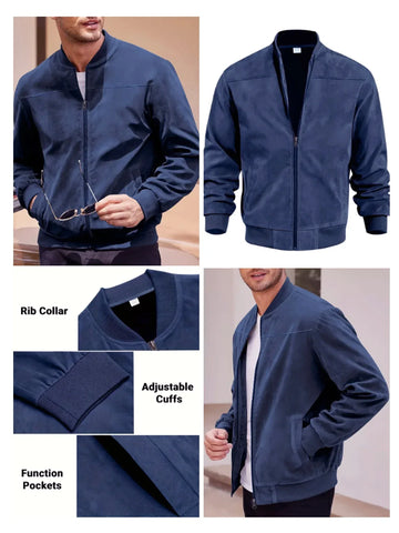 Men's suede nap fabric casual jacket Round neck zipper Solid color Sport Bomber Jacket Casual edition sports and golf fashion - Zen Fit Plus