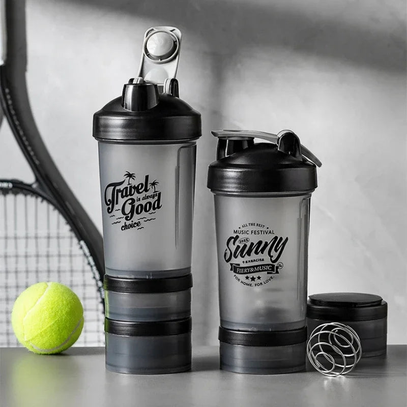 500ml Plastic Water Bottle Three Layer Protein Powder Shaker Large Capacity Stirring Cup Portable Exercise Shaker Spring Cups Zen fit plus
