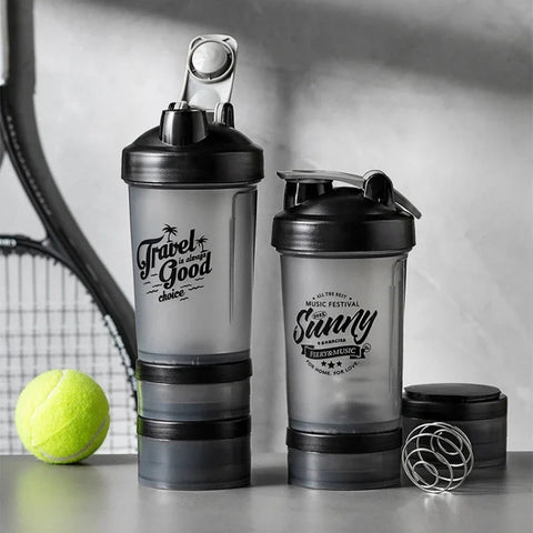 500ml Plastic Water Bottle Three Layer Protein Powder Shaker Large Capacity Stirring Cup Portable Exercise Shaker Spring Cups Zen fit plus