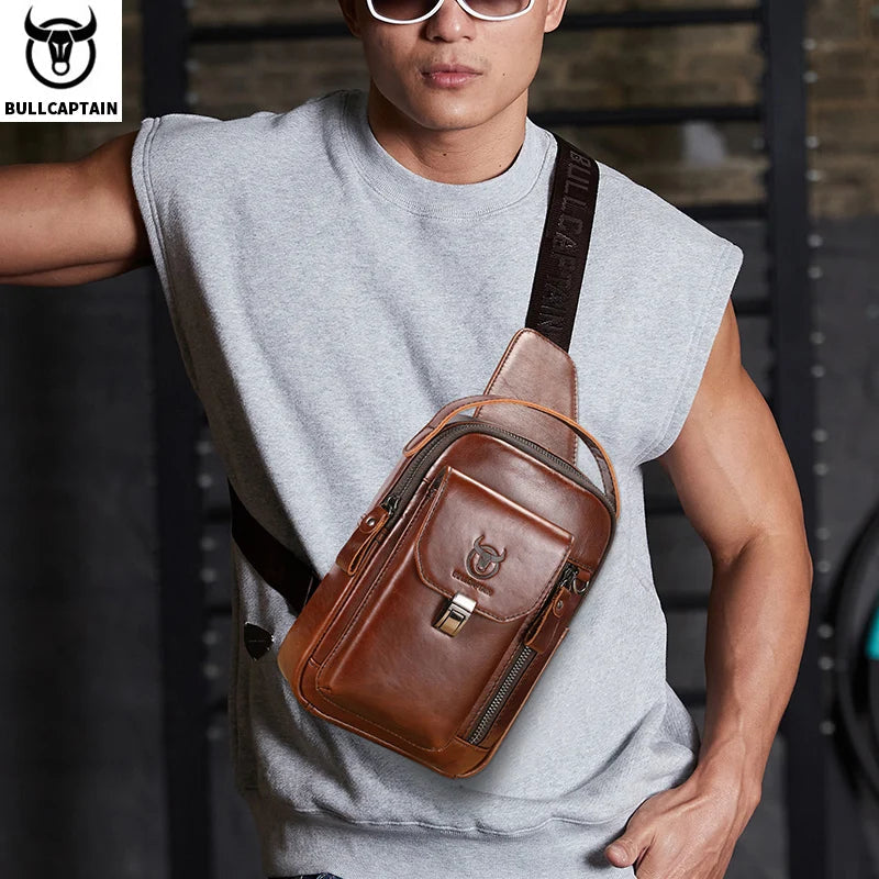 BULLCAPTAIN Men's Genuine Leather Chest Bag Casual Retro 7.9-inch Mobile Phone Bag Multifunctional Anti-Theft Crossbody Bag Zen fit plus