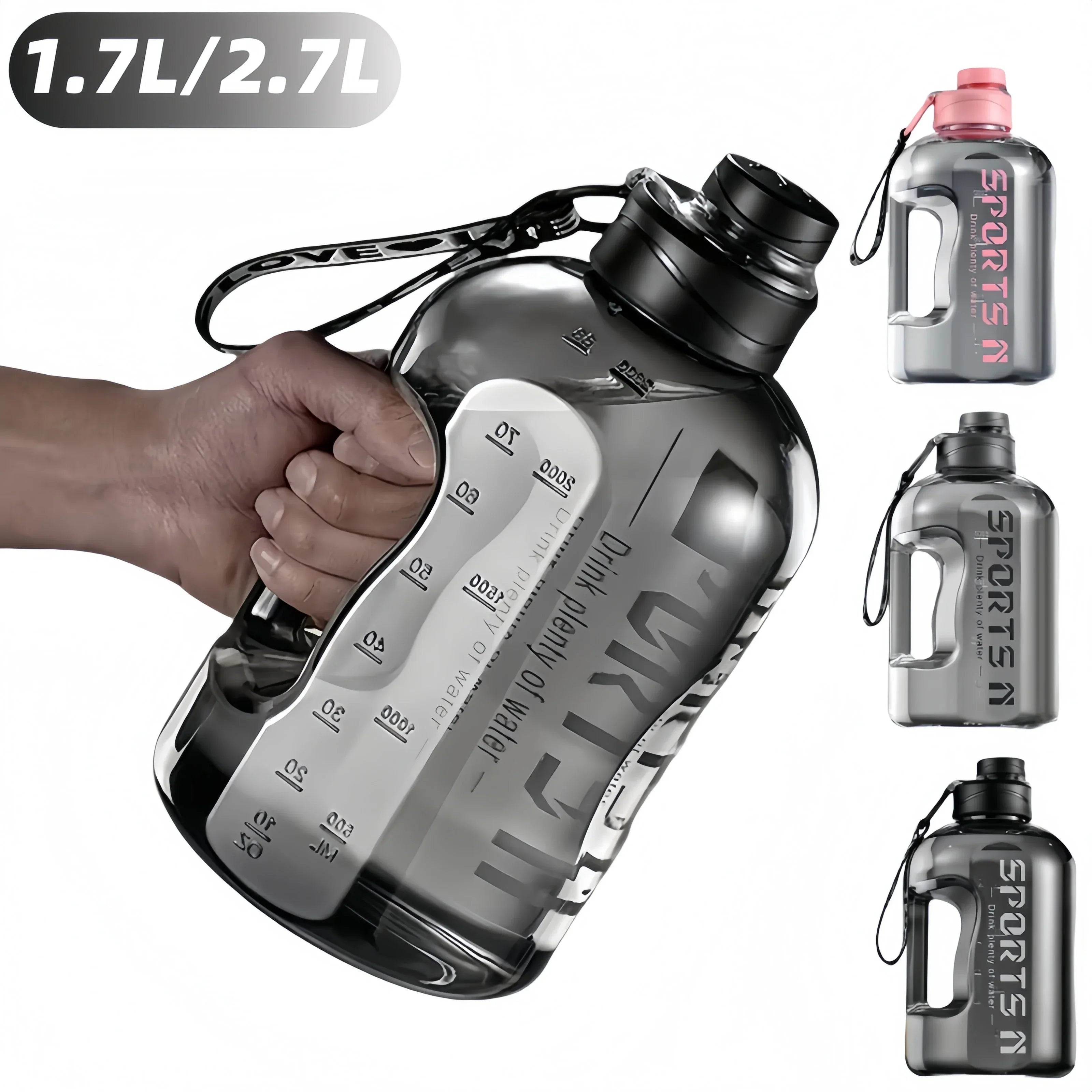 1.7/2.7L Large Capacity Sports Water Bottle Plastic Drinking Bottles with Time Scale Outdoor Camping Hiking Gym Men Water Kettle - Zen Fit Plus