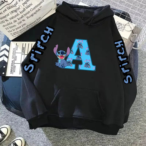 2024 Women's Winter Jacket Cute Kawaii Disney Lilo & Stitch Lucky Letter Print Black Hoodie Fashion Couple Streetwear Sportswear Zen fit plus