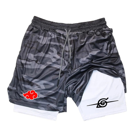 Men Anime Double Layer Shorts Gym Workout Printed Sports Multi-Performance Training Quick-Drying Jogging Pants Towel Pants M-3XL Zen fit plus