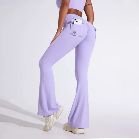 QINACTIVE Fashion Back Pocket  Flared Pants Women Tight-Fit Sexy Slim High Waist Pants Push Up Sport Fitness Flare Leggings Zen Fit Plus
