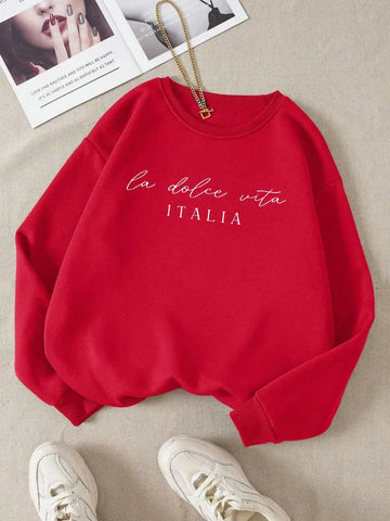La Dolce Vita Italia Printed Womens Sweatshirt Crewneck Y2K Loose Clothing Multicolor Casual Pullover Fleece All-Match Top - Zen Fit Plus