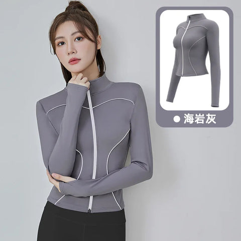Slim Yoga Reflective Long Sleeved Women Sport Jacket Zipper Gym Fitness Coat Yoga Tops With Thumb Holes Running Cycling Jacket Zen fit plus