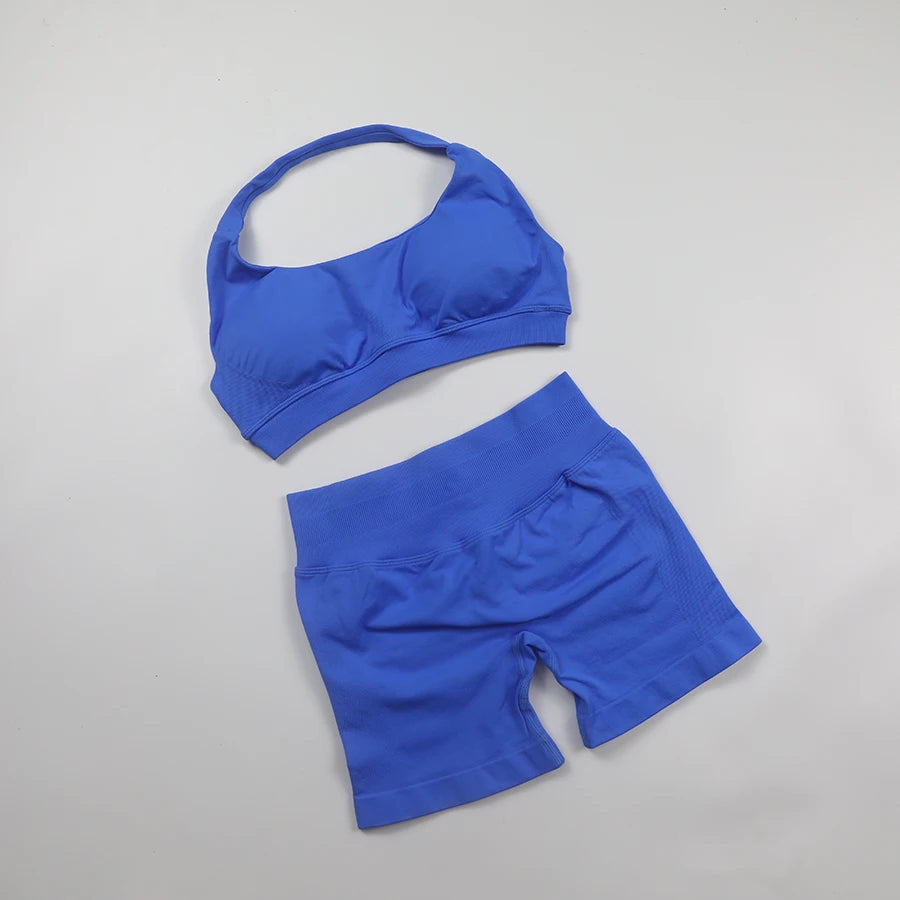 Seamless Fitness Yoga Set Women Gym Clothes Halter Sports Bra Matching Impact Shorts 2 Piece Workout Sets Outfit Zen fit plus