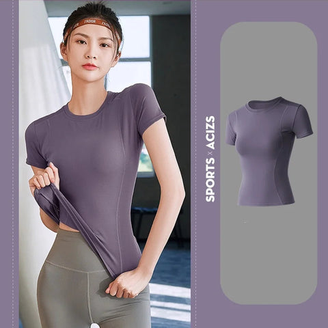 2024 Women's Sports Fitness Clothing Slim Running Sweat Absorbing Skinny Yoga Clothes Quick Drying Clothes Short Sleeved T-shirt Zen fit plus