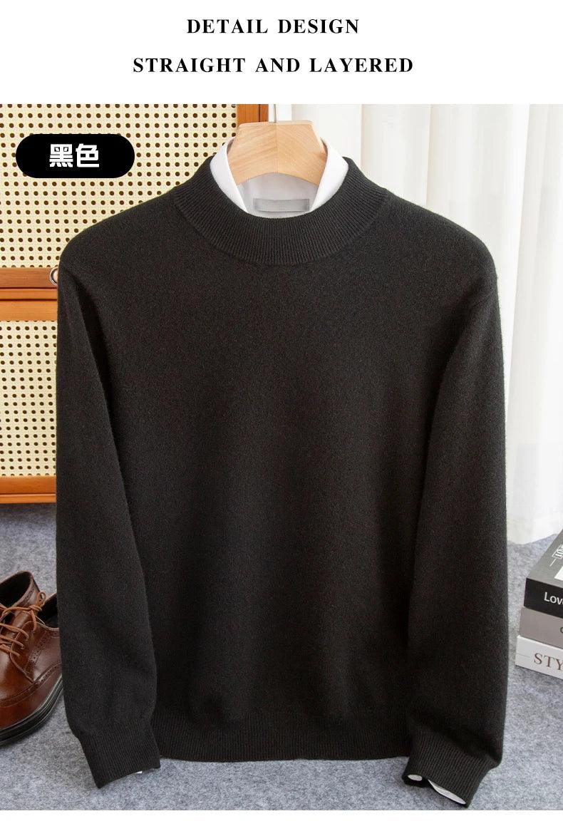 New Fashion Men's 100% Wool Pullover Half-high Collar Sweater Autumn Winter Warm Solid Color Knit Sweater Business Casual Top - Zen Fit Plus