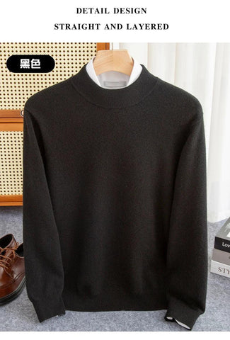 New Fashion Men's 100% Wool Pullover Half-high Collar Sweater Autumn Winter Warm Solid Color Knit Sweater Business Casual Top - Zen Fit Plus