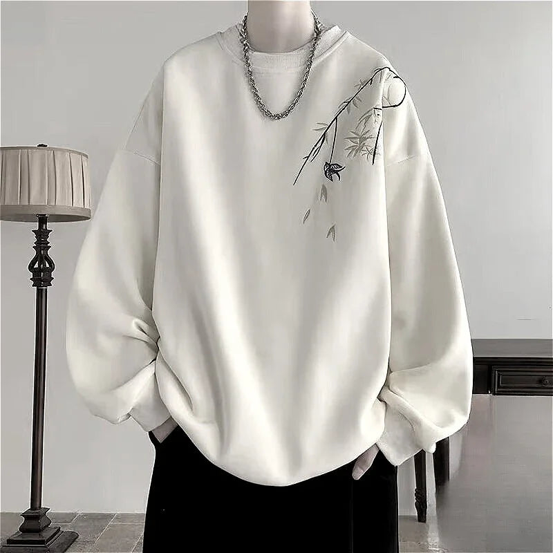 New  Bird Print M-8XL Men Oversized Sweatshirt Fashion Loose Long Sleeve Couple Clothes Zen Fit Plus