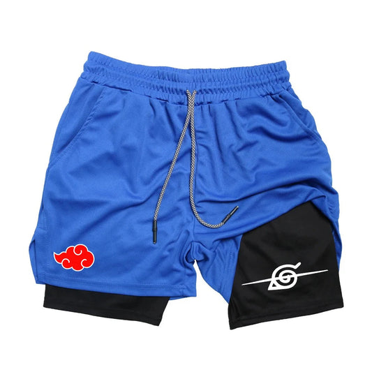 Men Anime Double Layer Shorts Gym Workout Printed Sports Multi-Performance Training Quick-Drying Jogging Pants Towel Pants M-3XL Zen fit plus