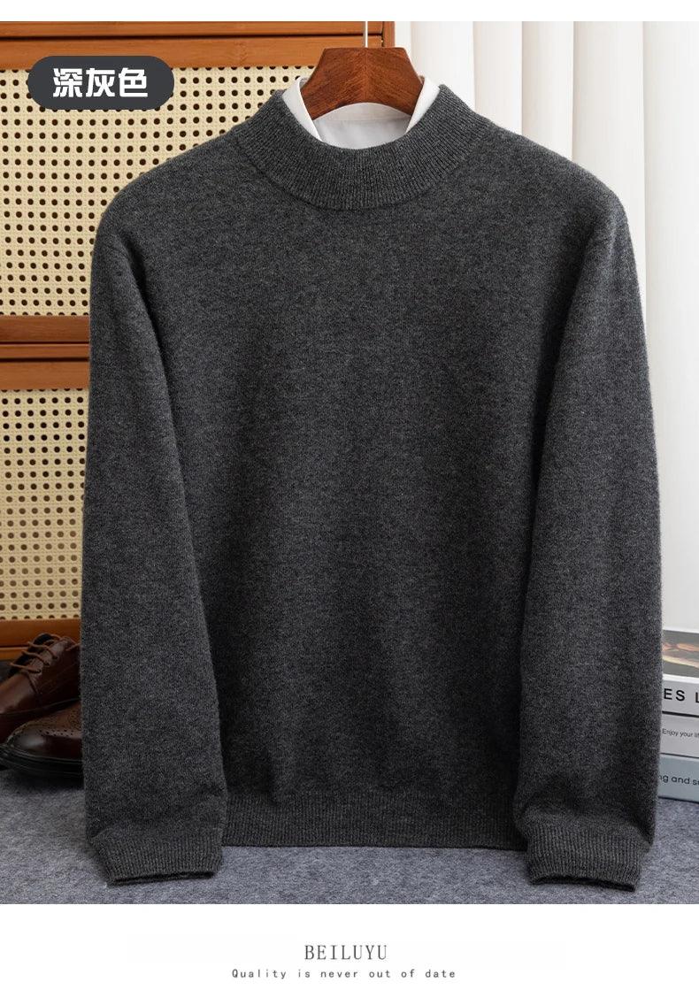 New Fashion Men's 100% Wool Pullover Half-high Collar Sweater Autumn Winter Warm Solid Color Knit Sweater Business Casual Top - Zen Fit Plus