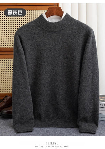 New Fashion Men's 100% Wool Pullover Half-high Collar Sweater Autumn Winter Warm Solid Color Knit Sweater Business Casual Top - Zen Fit Plus