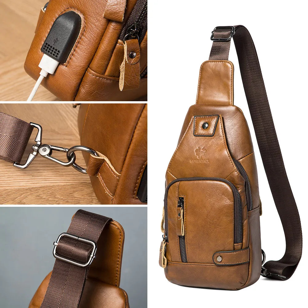 HUMERPAUL Men's Usb Chest Bag 100% Genuine Leather Crossbody Shoulder Bags Multifunction Travel Outdoor Messenger Pack Fashion Zen fit plus