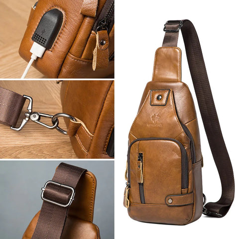 HUMERPAUL Men's Usb Chest Bag 100% Genuine Leather Crossbody Shoulder Bags Multifunction Travel Outdoor Messenger Pack Fashion Zen fit plus
