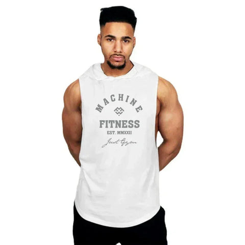 MACHINE FITNESS Mens Gym Hooded Tank Top Cotton Bodybuilding Clothing Summer Muscle Fit Sleeveless Hoodies Shirt Sports Singlets Zen fit plus
