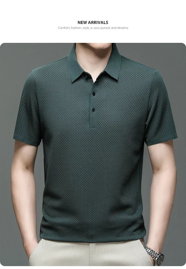 Summer New Men's Lop-up Hollow Short-sleeved Polo Tee Shirt Ice Silk Breathable Business Fashion T-Shirt Male Brand Clothes - Zen Fit Plus