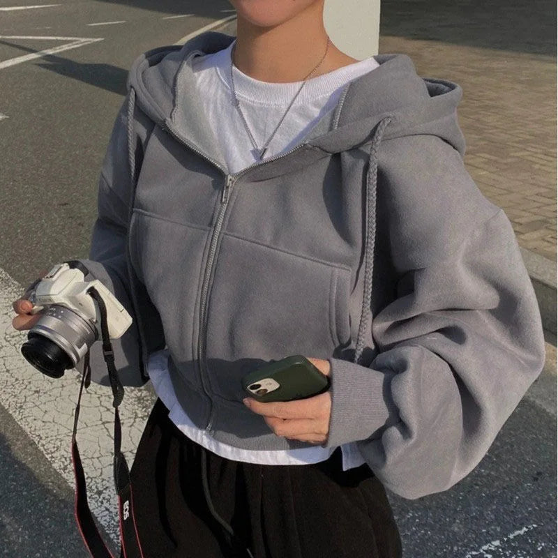 Fashion Zipper Hood Sweatshirt Women Autumn Long Sleeve Crop Tops Casual Y2K Hoodies Streetwear Harajuku Female Jackets Coats Zen fit plus