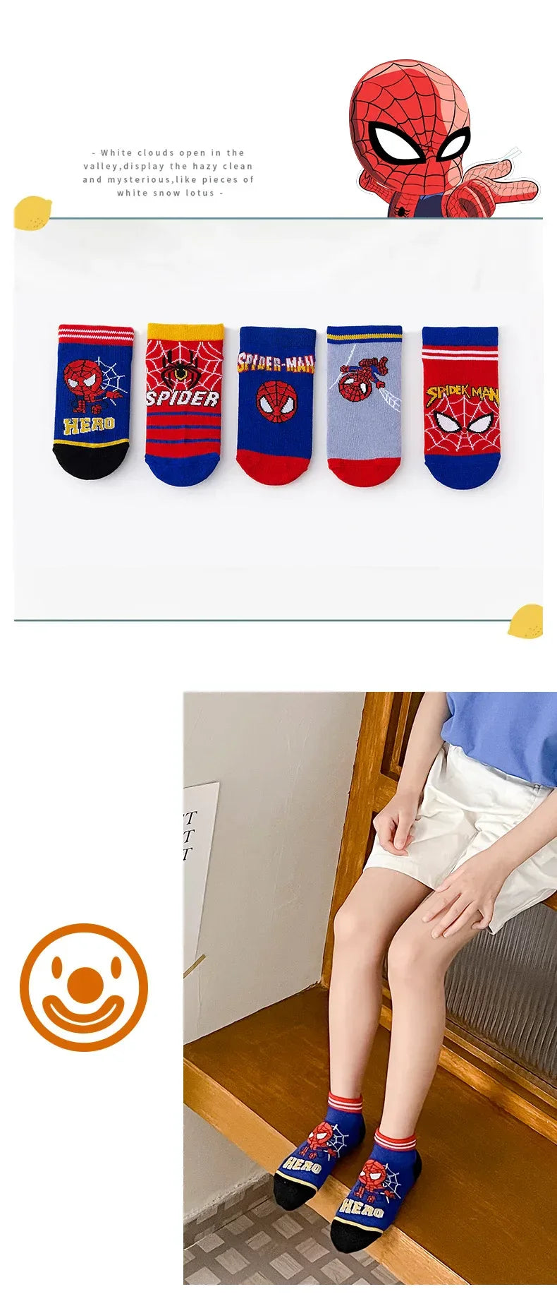 5 Pairs Spiderman Children Socks Anime Kids Boys Short Sock Kawaii Child Cartoon Baby Summer Spring Boat Socks Kids Gift 1-12Y - Zen Fit Plus