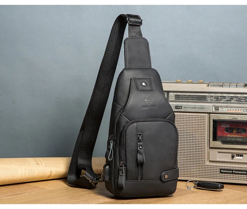 HUMERPAUL Men's Usb Chest Bag 100% Genuine Leather Crossbody Shoulder Bags Multifunction Travel Outdoor Messenger Pack Fashion - Zen Fit Plus