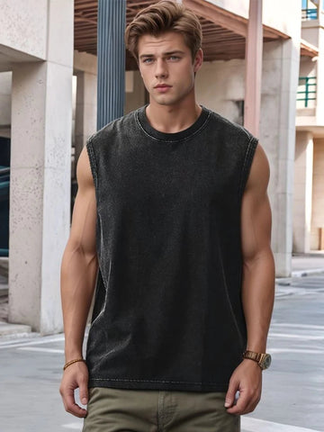 Summer Men's Washed Cotton Tank Tops Muscle Gym Sleeveless Workout T Shirts Running Beach Loose Cutoff Tees Zen fit plus