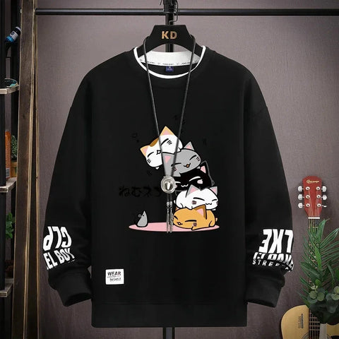 Spring Men's Sweatshirt Japan Cartoon Cats Printed Long Sleeve T-shirt Fashion Men's Clothing Khaki O Neck Harajuku Top 2024 New Zen Fit Plus
